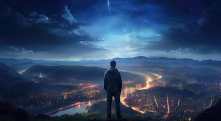 A man on a hill looks at the city at nightの素材