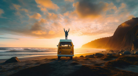 A man stands on the roof of a minivan on the beachの素材