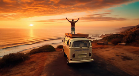 A man stands on the roof of a minivan on the beachの素材