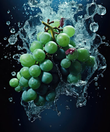 Bunches of grapes fall into the waterの素材