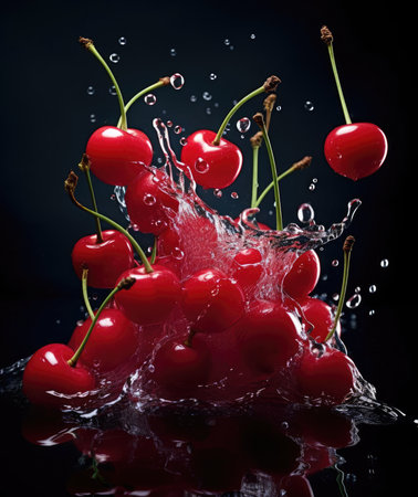 Cherry berries falling into the water, splashingの素材