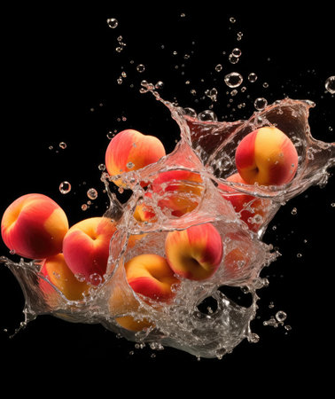 Peaches falling into the water, splashingの素材
