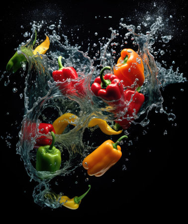 Yellow and red peppers fall into the waterの素材