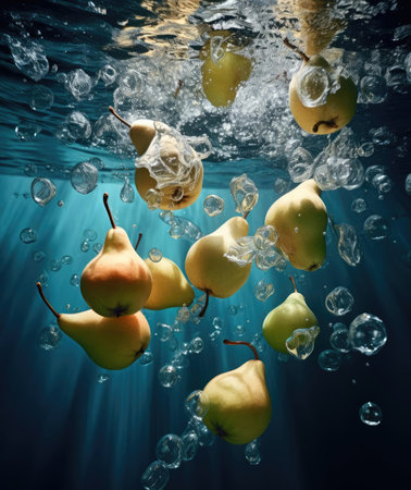 Pear fruits falling into the water, splashingの素材