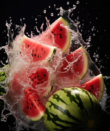 Watermelon fruits falling into the water, splashingの素材