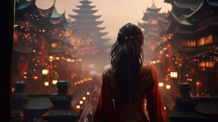 A young woman stands in front of a Chinese buildingの素材