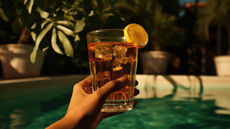 Glass with cocktail on the beachの素材