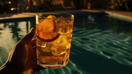 Glass with cocktail on the beachの素材