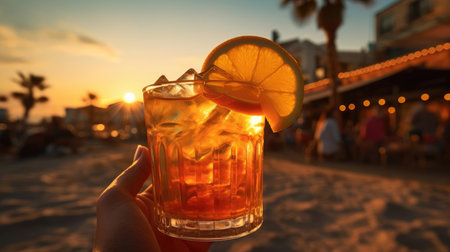 Glass with alcoholic cocktail on the beachの素材