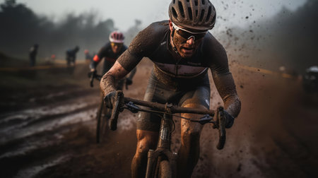 Cyclist riding a mountain bike in the mudの素材