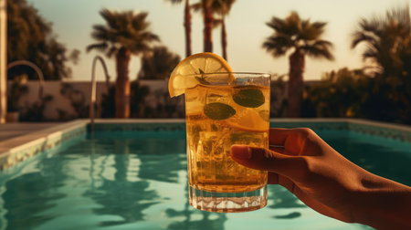 Glass with cocktail on the beachの素材