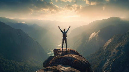 Man on the mountain standing with his hands upの素材