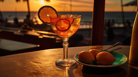 Glass with alcoholic cocktail on the beachの素材