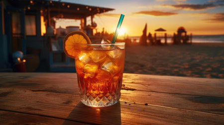 Glass with alcoholic cocktail on the beachの素材