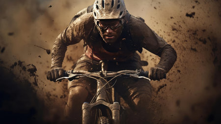 Cyclist riding a mountain bike in the mudの素材