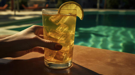 Glass with cocktail on the beachの素材