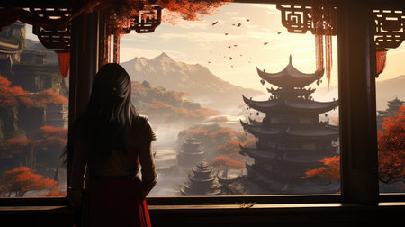 A young woman stands in front of a Chinese buildingの素材