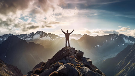 Man on the mountain standing with his hands upの素材