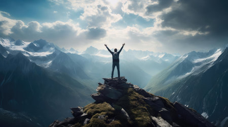 Man on the mountain standing with his hands upの素材