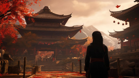 A young woman stands in front of a Chinese buildingの素材