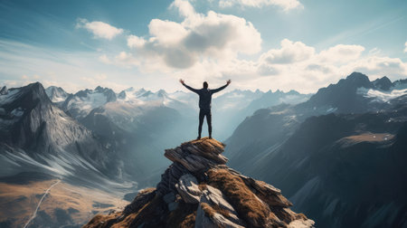 Man on the mountain standing with his hands upの素材