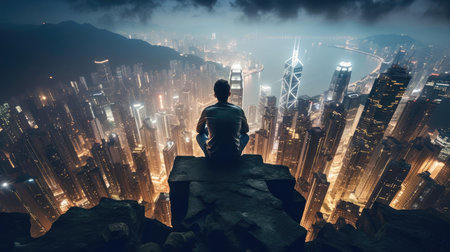 Man on a hill in front of the cityの素材