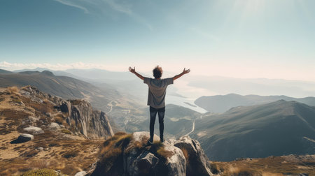 Man on the mountain standing with his hands upの素材