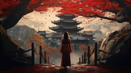 A young woman stands in front of a Chinese buildingの素材