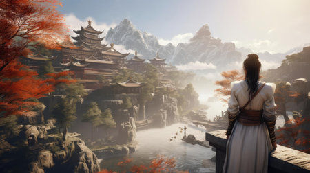 A young woman stands in front of a Chinese buildingの素材