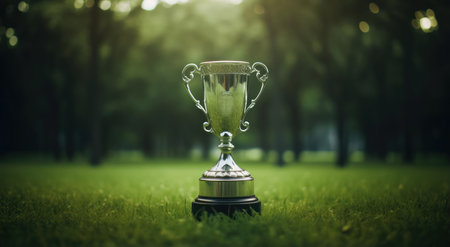 The winners cup stands in the grassの素材