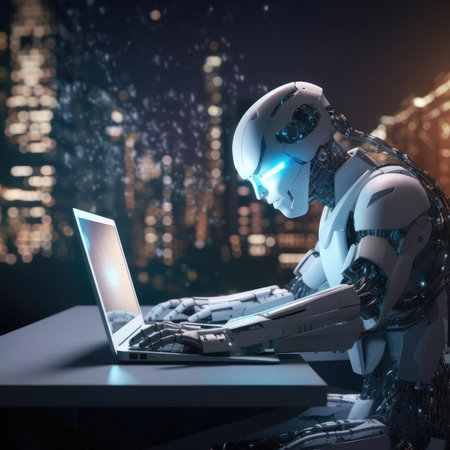 Modern robot typing on laptopの素材