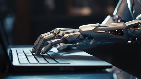 Modern robot typing on laptopの素材