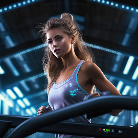 Sporty girl running on treadmillの素材