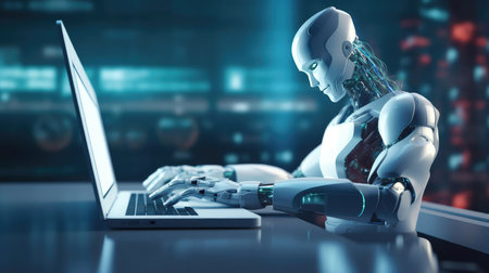 Modern robot typing on laptopの素材