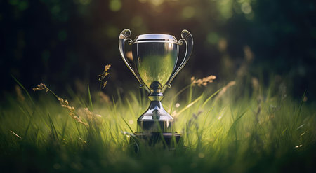 The winners cup stands in the grassの素材