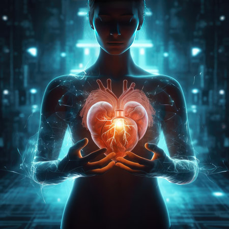Man Holding Glowing Artificial Heartの素材