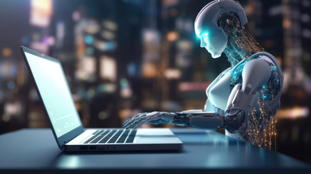 Modern robot typing on laptopの素材