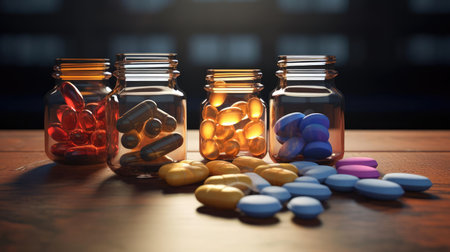 Lots of colorful pills on the tableの素材