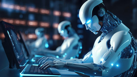 Modern robot typing on laptopの素材