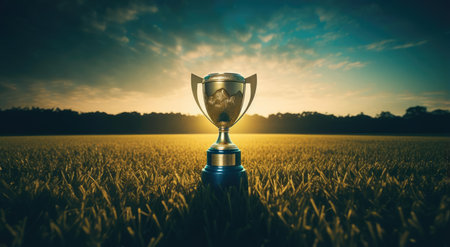 The winners cup stands in the grassの素材