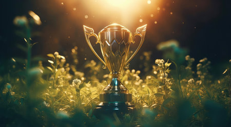 The winners cup stands in the grassの素材