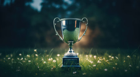 The winners cup stands in the grassの素材