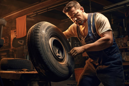 Tire shop worker changing a car wheelの素材