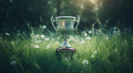 The winners cup stands in the grassの素材