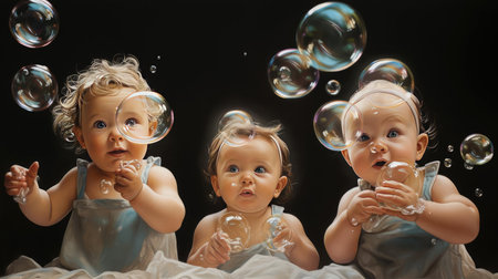 Little kids catching soap bubblesの素材