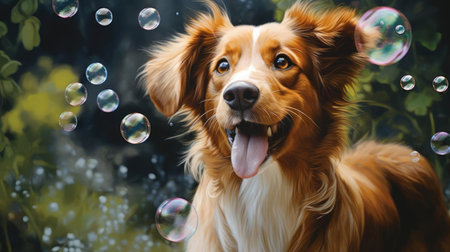 Dog catching soap bubblesの素材