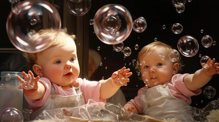 Little kids catching soap bubblesの素材