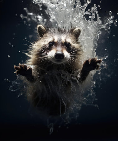Raccoon falling into the water, splashingの素材