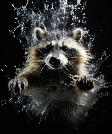 Raccoon falling into the water, splashingの素材