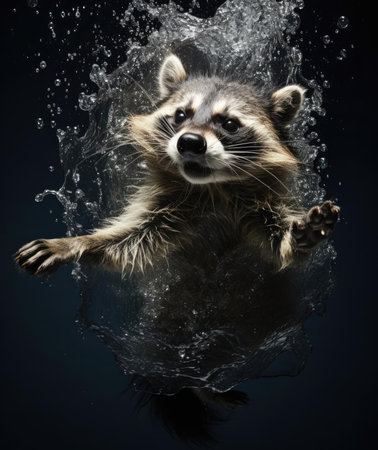 Raccoon falling into the water, splashingの素材